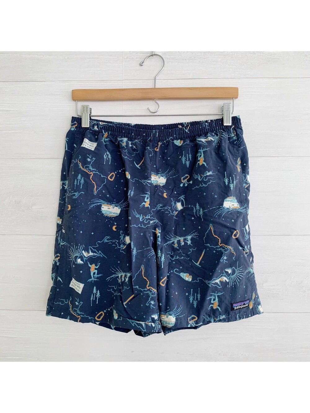 Patagonia Blue Hiking Print Swim Trunks S Recycled Nylon Lined 6.5"